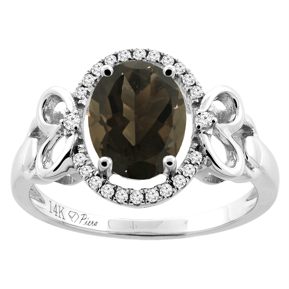 14K Gold Natural Smoky Topaz Halo Ring Oval 9x7 mm Diamond &amp; Heart Accents, sizes 5 - 10