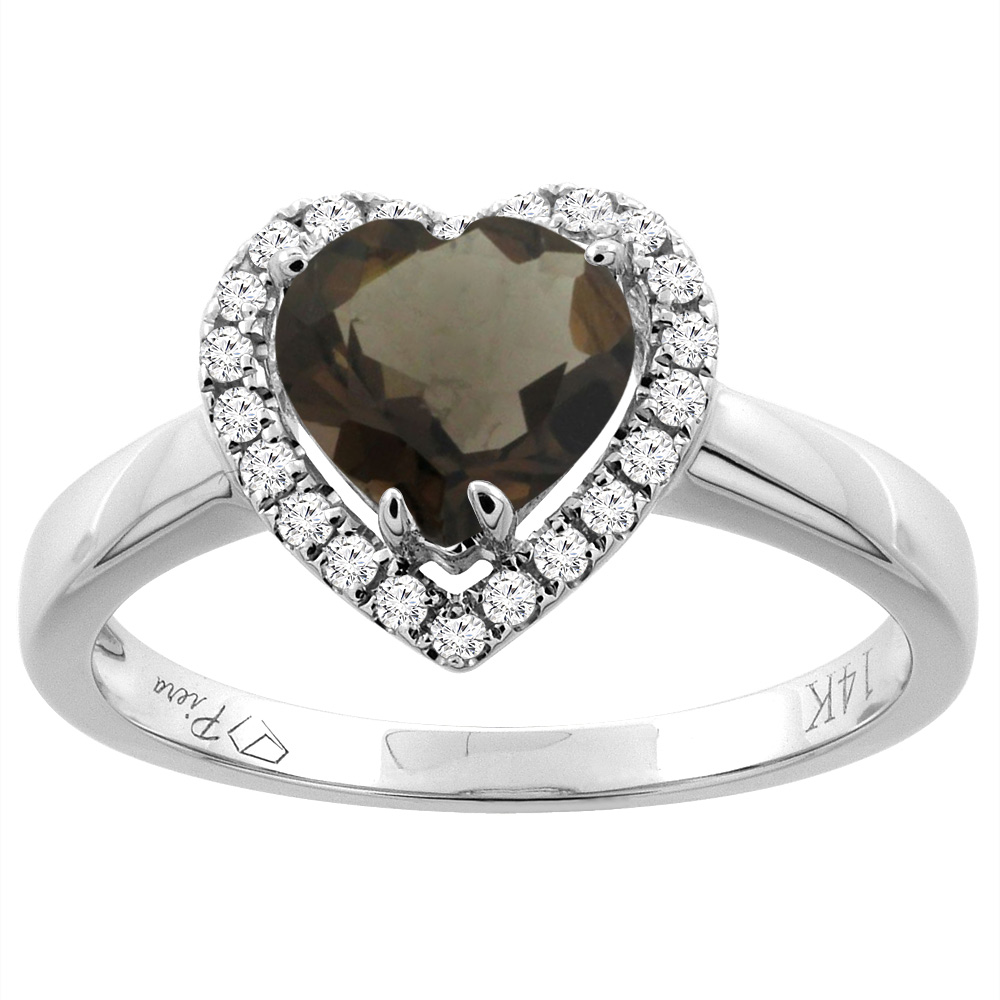 14K Gold Natural Smoky Topaz Halo Ring Heart 7x7 mm Diamond Accents, sizes 5 - 10