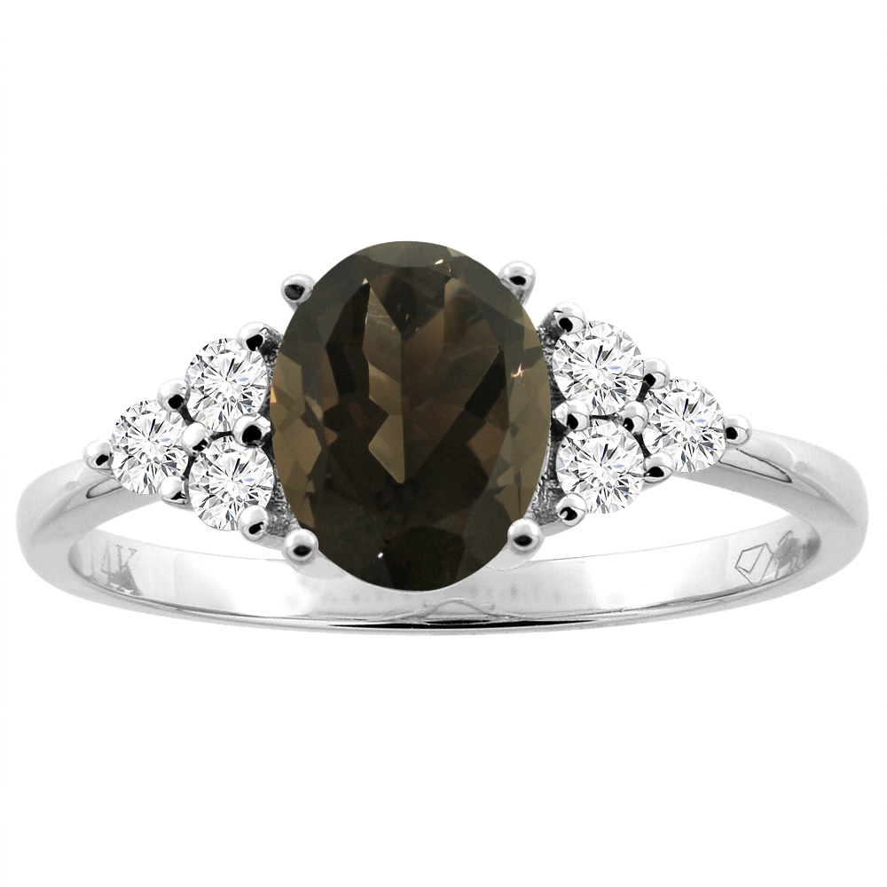 14K Gold Natural Smoky Topaz Ring Oval 8x6 mm Diamond Accents, sizes 5 - 10