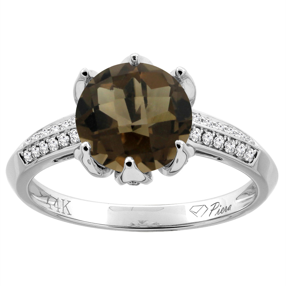14K Gold Natural Smoky Topaz Ring Round 8 mm Diamond Accents, sizes 5 - 10