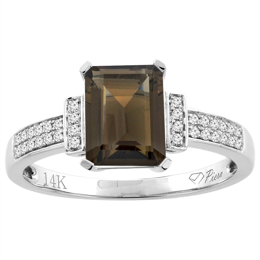 14K Gold Natural Smoky Topaz Ring Octagon 8x6 mm Diamond Accents, sizes 5 - 10