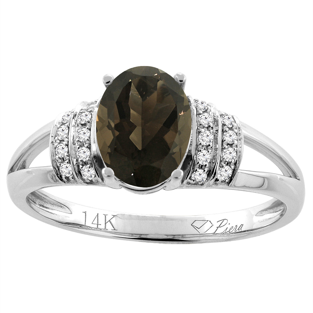 14K Gold Natural Smoky Topaz Ring Oval 8x6 mm Diamond Accents, sizes 5 - 10