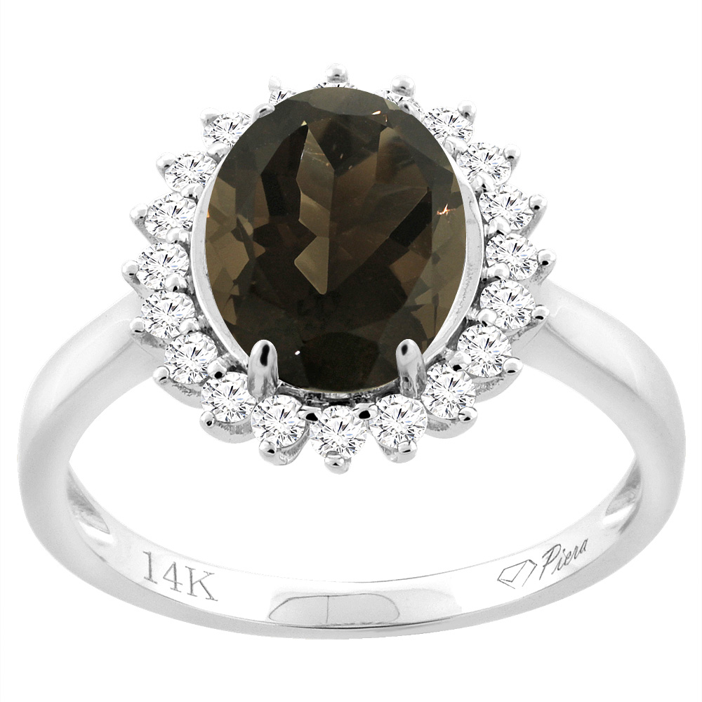14K White Gold Diamond Natural Smoky Topaz Engagement Ring Oval 10x8mm, sizes 5-10