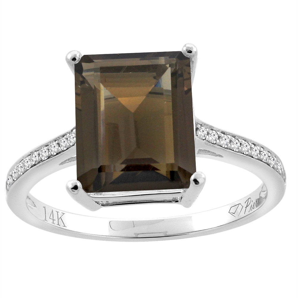14K Gold Natural Smoky Topaz Ring Octagon 10x8 mm Diamond Accents, sizes 5 - 10