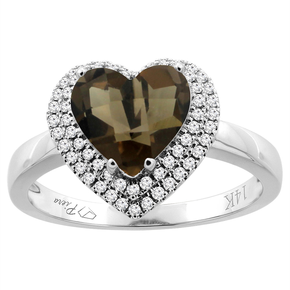 14K Gold Natural Smoky Topaz Ring Heart Shape 8 mm Diamond Accents, sizes 5 - 10