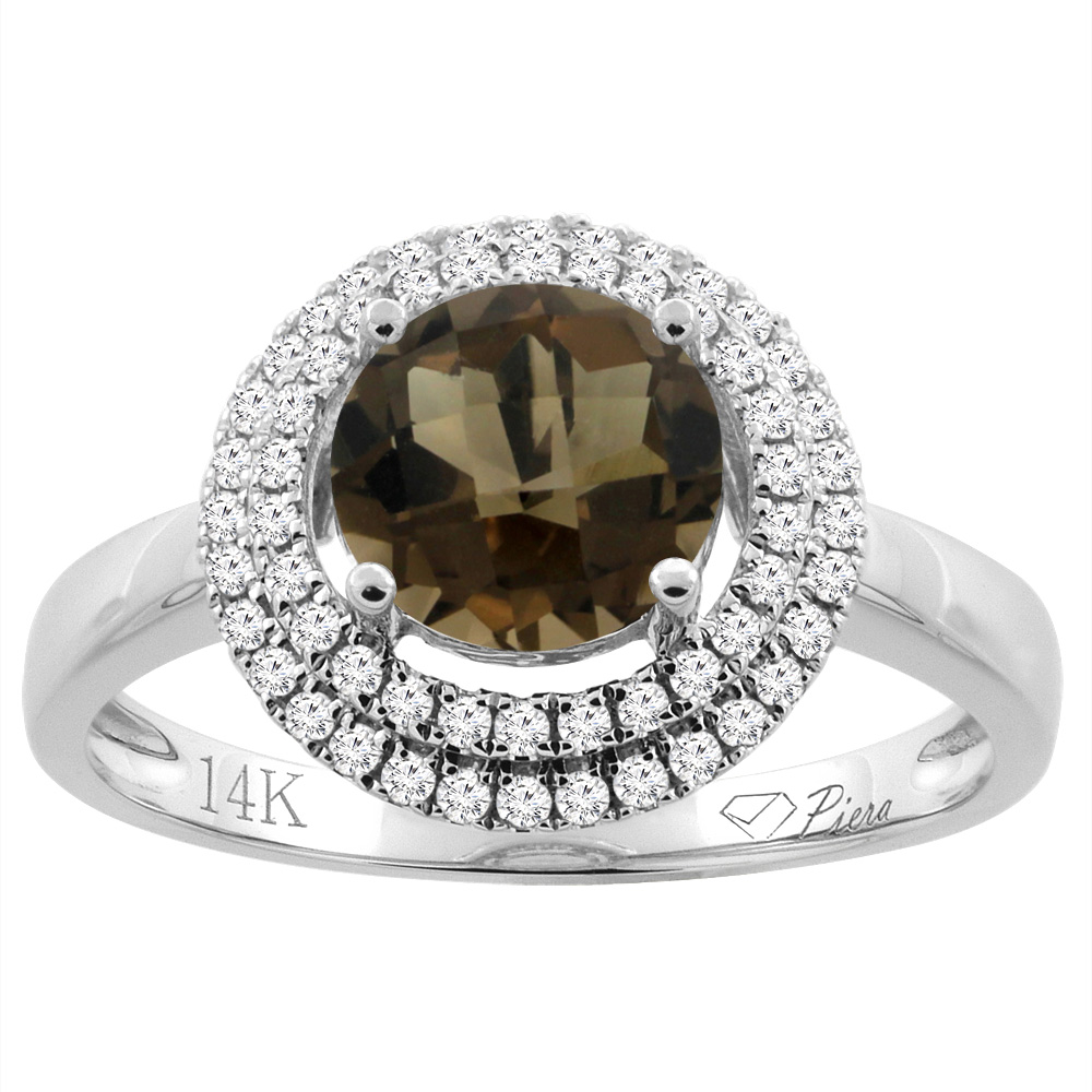 14K Gold Natural Smoky Topaz Ring Round 7 mm Double Halo Diamond Accents, sizes 5 - 10