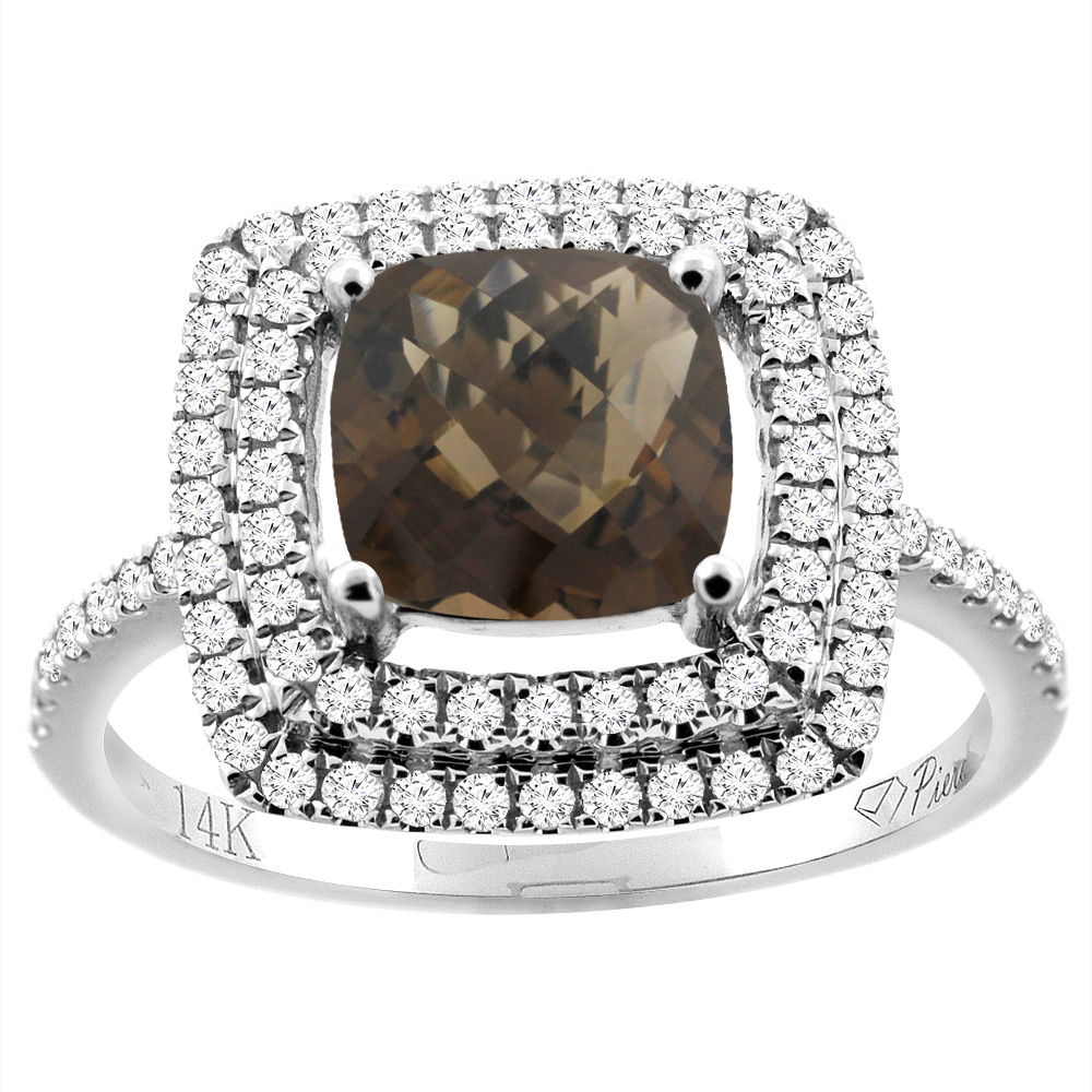 14K Gold Natural Smoky Topaz Ring Cushion Cut 7x7 mm Double Halo Diamond Accents, sizes 5 - 10