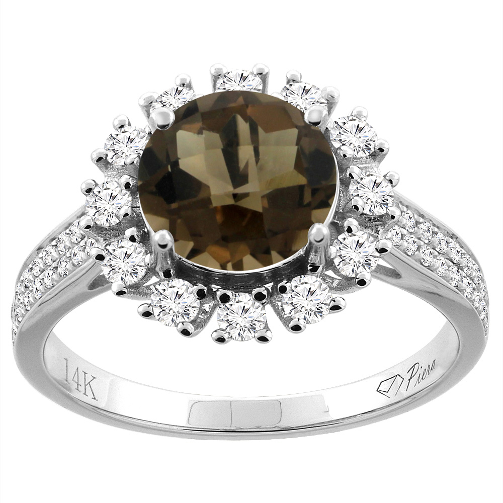 14K Gold Natural Smoky Topaz Ring Round 8 mm Diamond Accents, sizes 5 - 10