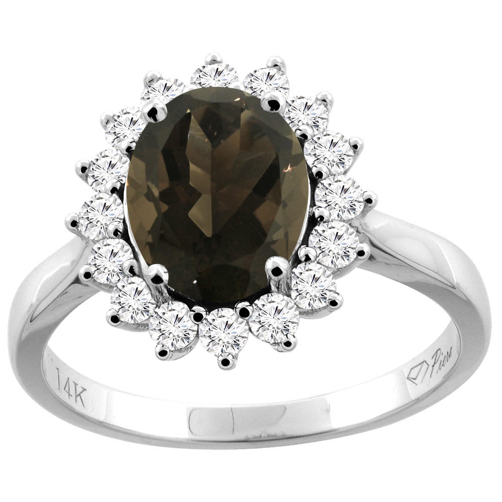 14K Gold Natural Smoky Topaz Ring Oval 9x7 mm Diamond Accents, sizes 5 - 10