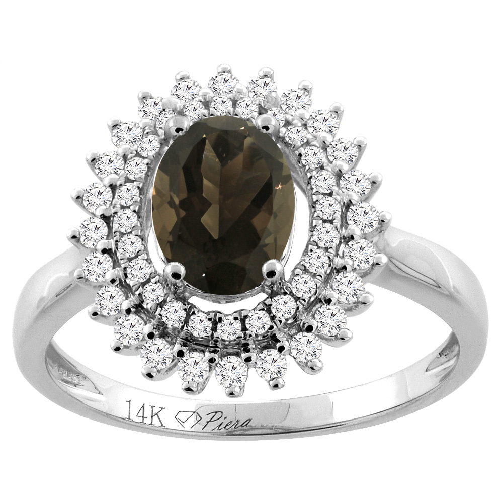 14K Gold Natural Smoky Topaz Ring Oval 8x6 mm Double Halo Diamond Accents, sizes 5 - 10