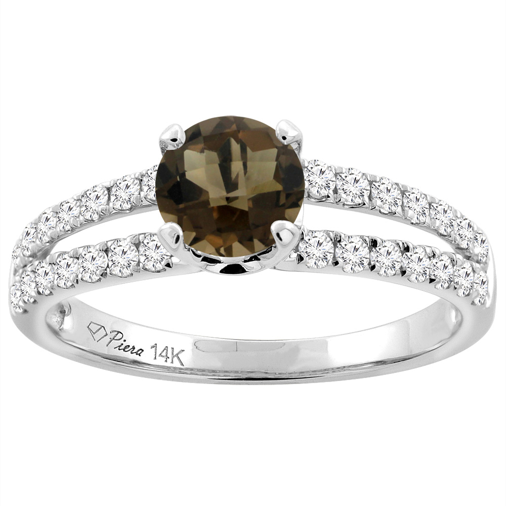 14K White Gold Natural Smoky Topaz Engagement Ring Round 6 mm Split Shank Diamond Accents, sizes 5 - 10