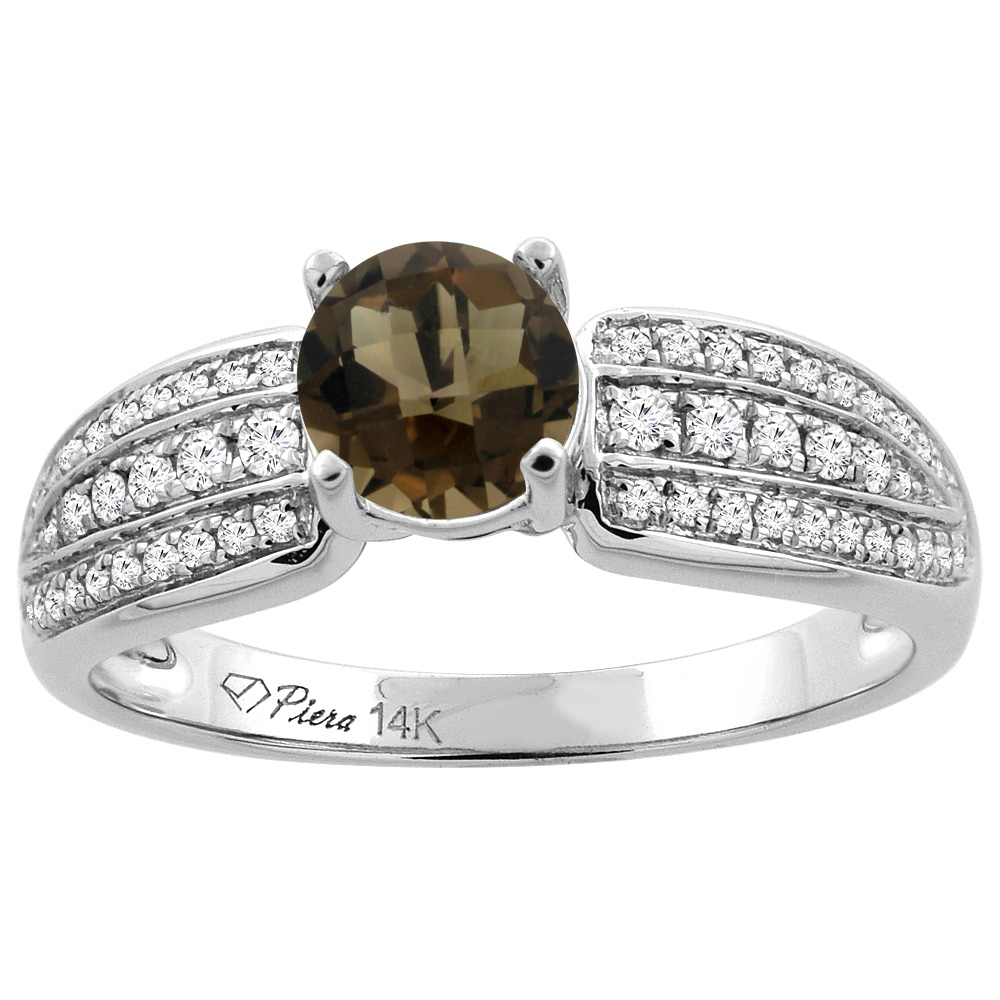 14K White Gold Natural Smoky Topaz Engagement Ring Round 6 mm 3-row Diamond Accents, sizes 5 - 10