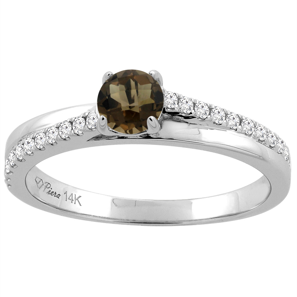 14K White Gold Natural Smoky Topaz Engagement Ring Round 5 mm &amp; Diamond Accents, sizes 5 - 10