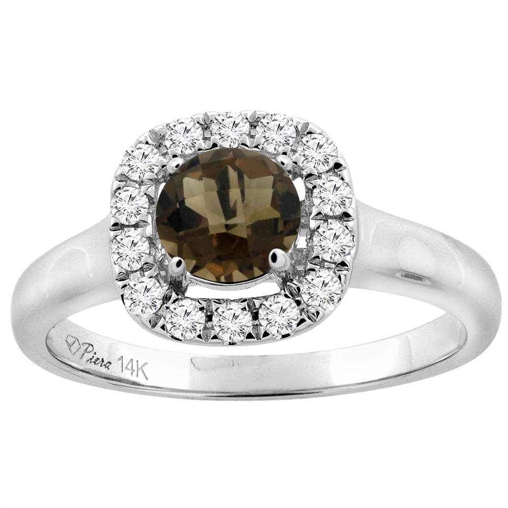 14K White Gold Natural Smoky Topaz Halo Engagement Ring Round 6 mm Diamond Accents, sizes 5 - 10