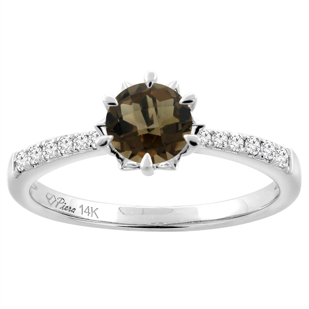 14K White Gold Natural Smoky Topaz Engagement Ring Round 6 mm & Diamond Accents, sizes 5 - 10