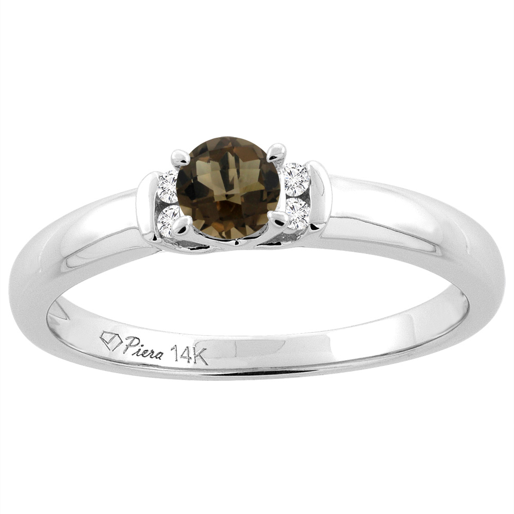 14K White Gold Natural Smoky Topaz Engagement Ring Round 4 mm & Diamond Accents, sizes 5 - 10