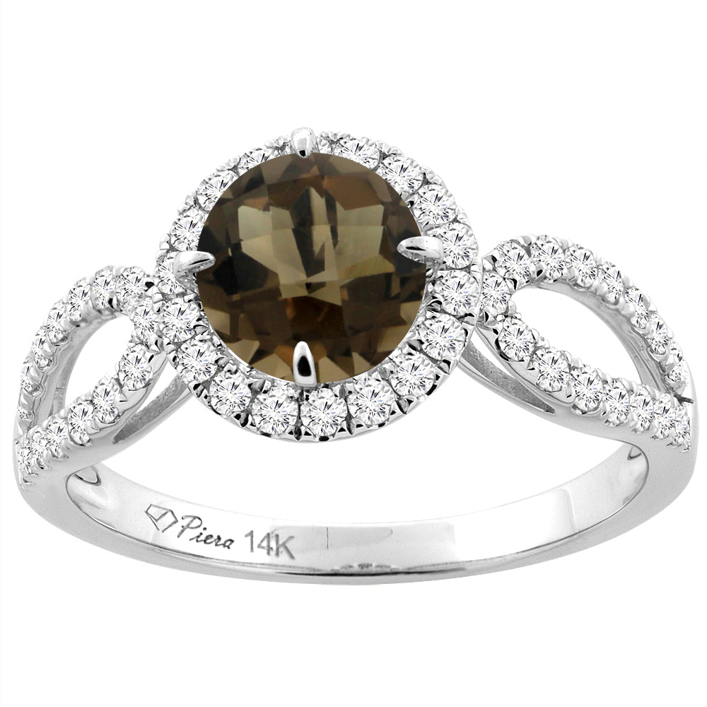14K White Gold Natural Smoky Topaz Engagement Halo Ring Round 6 mm &amp; Diamond Accents, sizes 5 - 10