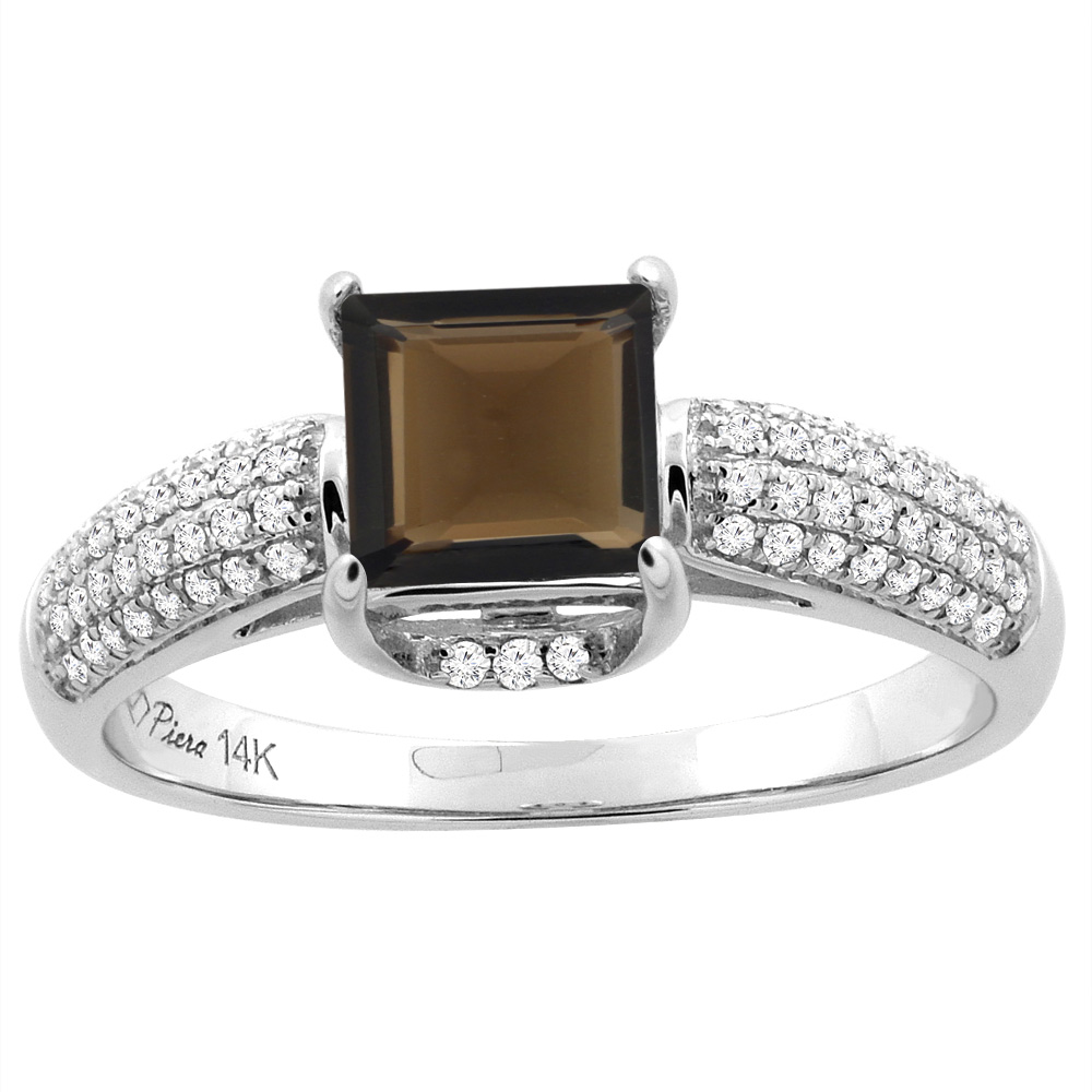14K White Gold Natural Smoky Topaz Engagement Ring Square 6 mm &amp; Diamond Accents, sizes 5 - 10