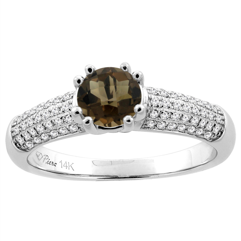 14K White Gold Natural Smoky Topaz Engagement Ring Round 6 mm &amp; Diamond Accents, sizes 5 - 10