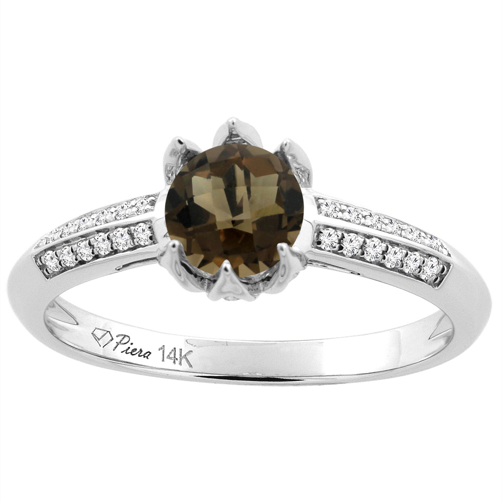 14K White Gold Natural Smoky Topaz Engagement Ring Round 6 mm & Diamond Accents, sizes 5 - 10