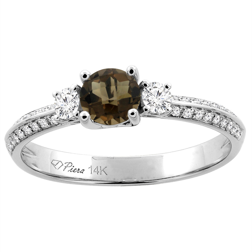 14K White Gold Natural Smoky Topaz Engagement Ring Round 5 mm & Diamond Accents, sizes 5 - 10