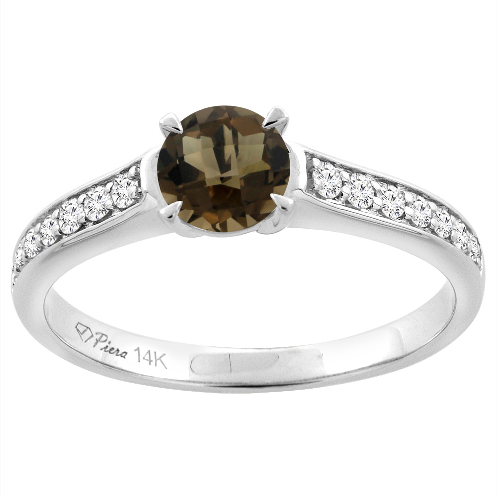 14K White Gold Natural Smoky Topaz Engagement Ring Round 6 mm &amp; Diamond Accents, sizes 5 - 10
