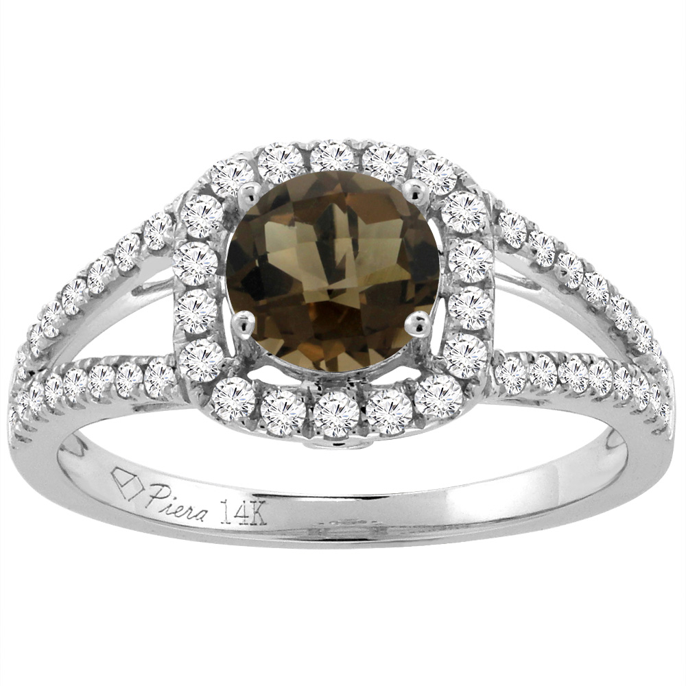 14K White Gold Diamond Natural Smoky Topaz Engagement Halo Ring Round 7 mm, sizes 5-10