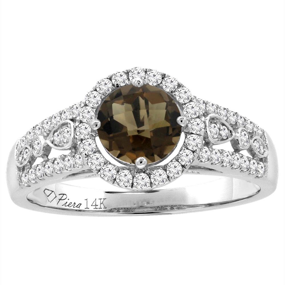14K White Gold Diamond Natural Smoky Topaz Engagement Halo Ring Round 7 mm, sizes 5-10