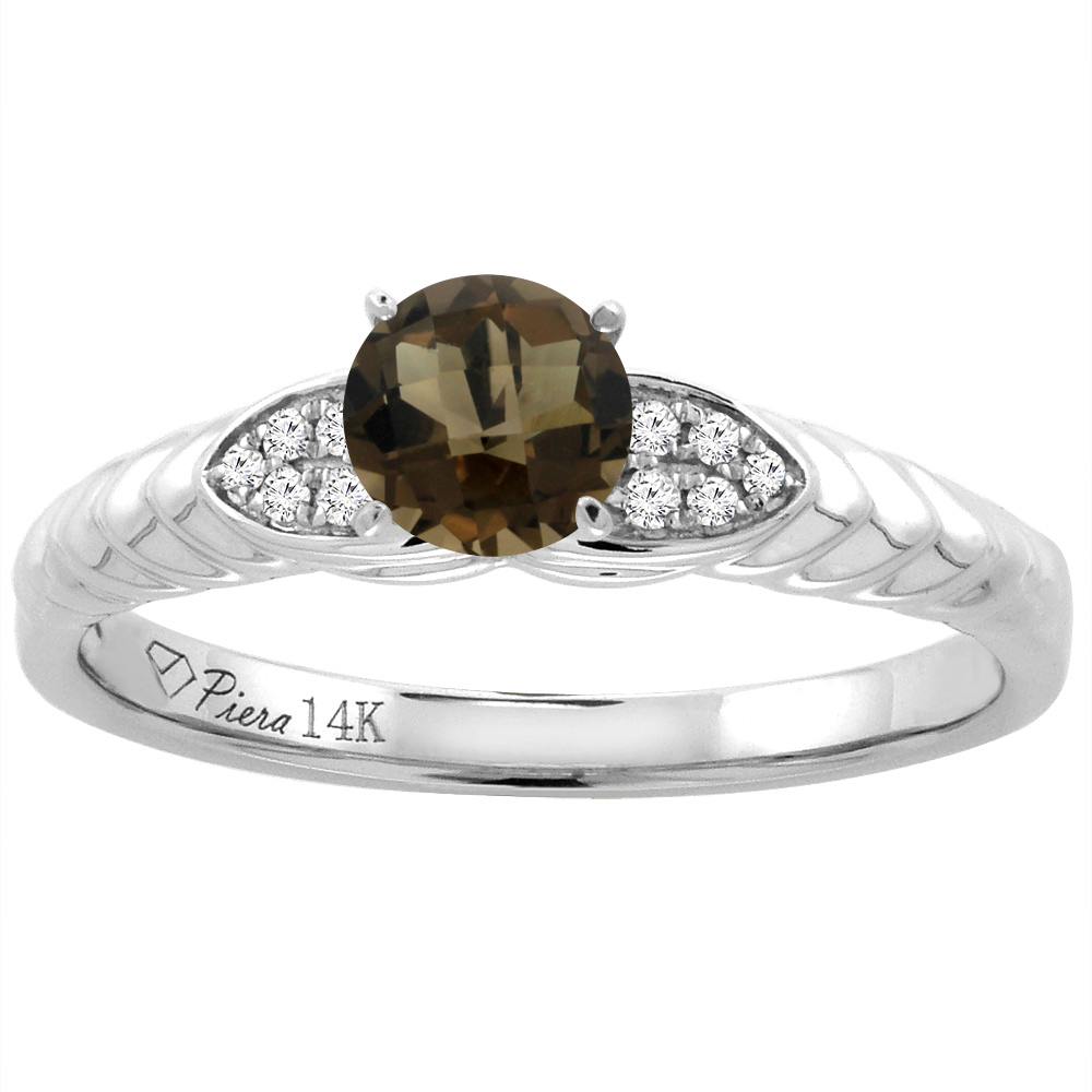 14K White Gold Diamond Natural Smoky Topaz Engagement Ring Round 5 mm, sizes 5-10