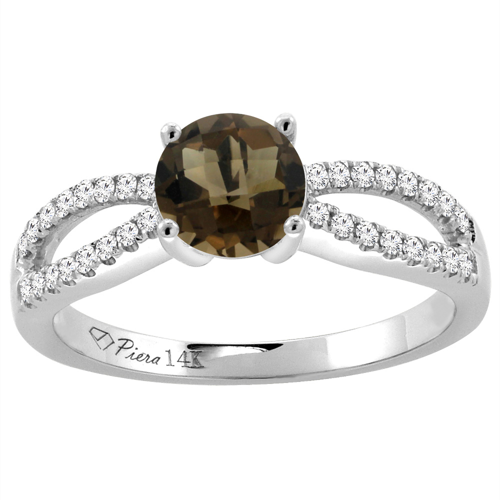 14K White Gold Diamond Natural Smoky Topaz Engagement Ring Round 7 mm, sizes 5-10