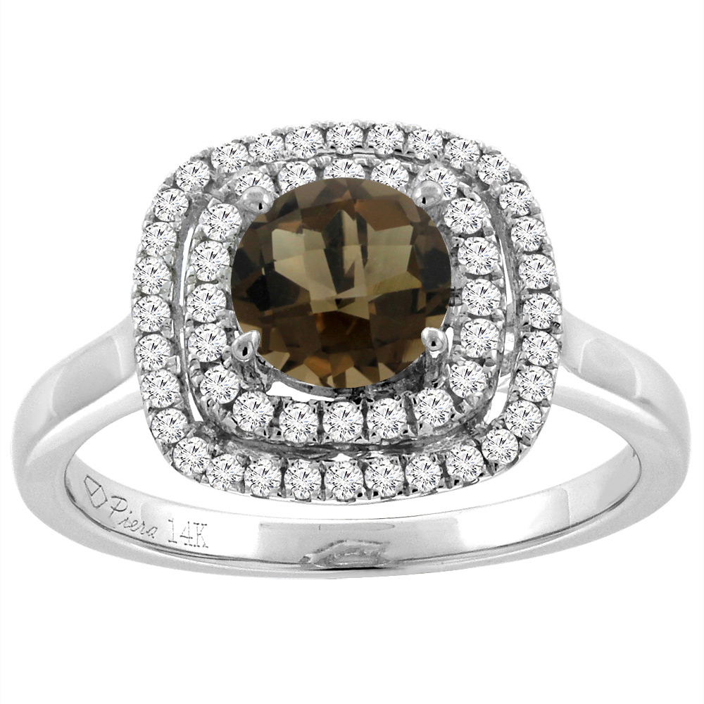 14K White Gold Natural Smoky Topaz Double Halo Diamond Engagement Ring Round 7 mm, sizes 5-10