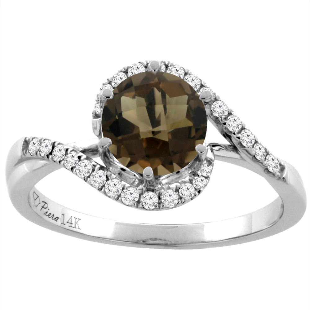 14K White Gold Diamond Natural Smoky Topaz Bypass Engagement Ring Round 7 mm, sizes 5-10