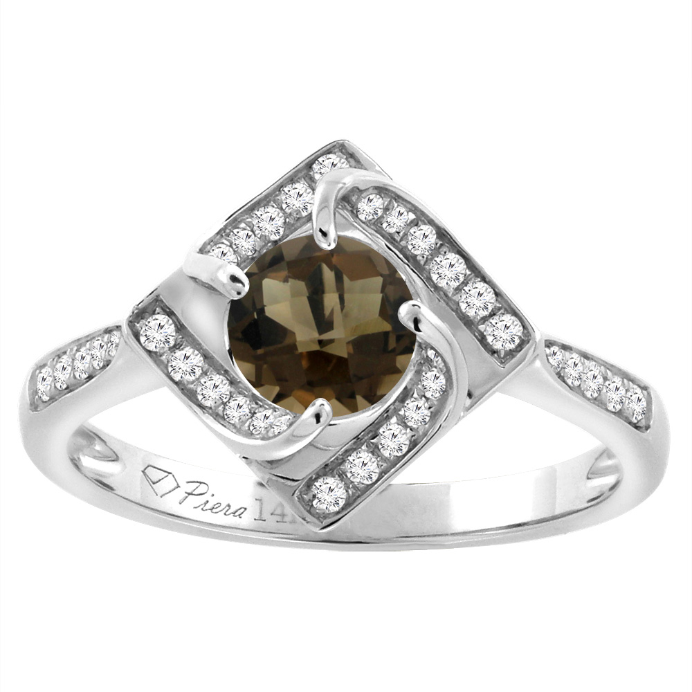 14K White Gold Diamond Natural Smoky Topaz Engagement Ring Round 7 mm, sizes 5-10