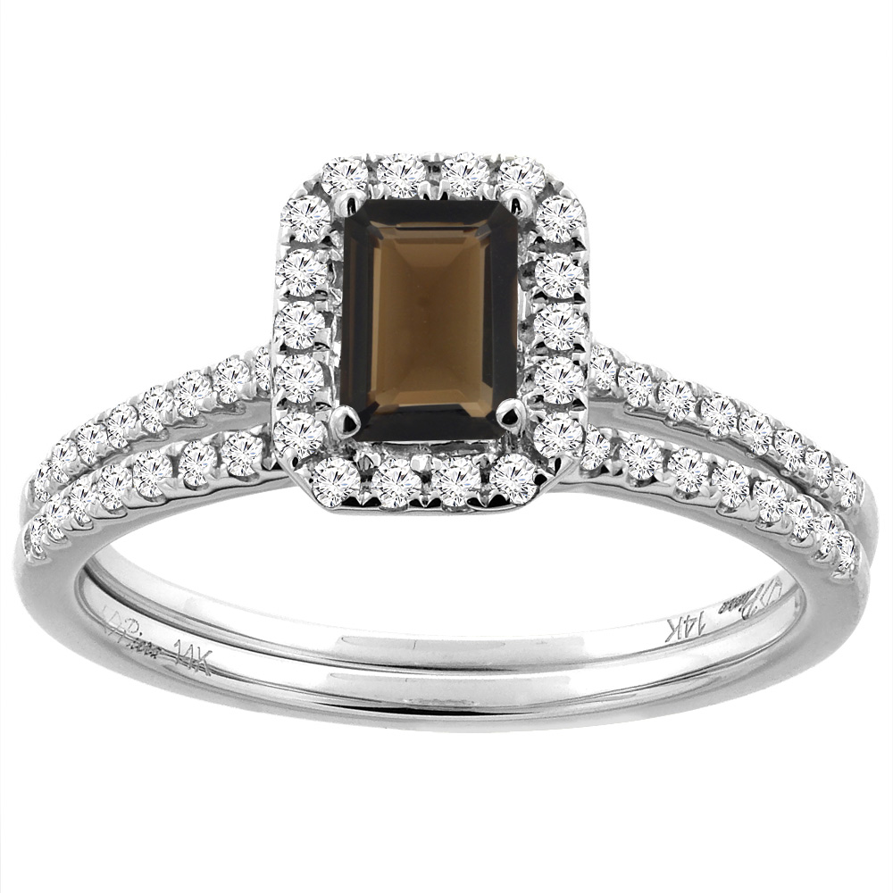 14K White/Yellow Gold Diamond Halo Natural Smoky Topaz 2pc Engagement Ring Set Octagon 7x5 mm, sizes 5-10