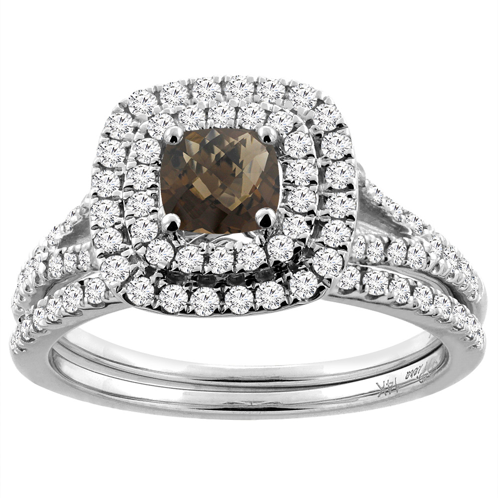 14K White Gold Diamond Halo Natural Smoky Topaz 2pc Engagement Ring Set Cushion 6x6 mm, sizes 5-10
