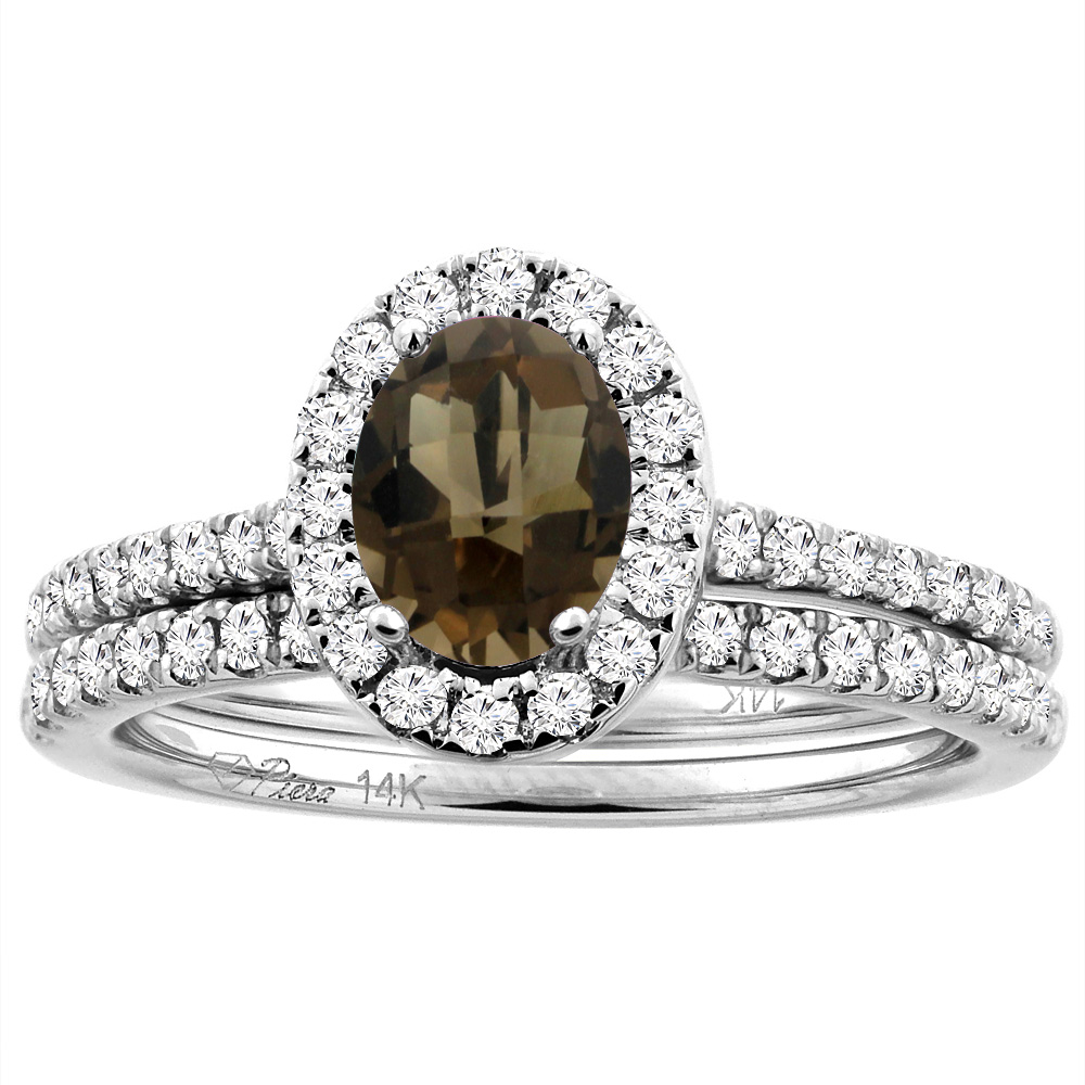 14K White/Yellow Gold Diamond Halo Natural Smoky Topaz 2pc Engagement Ring Set Oval 7x5 mm, sizes 5-10
