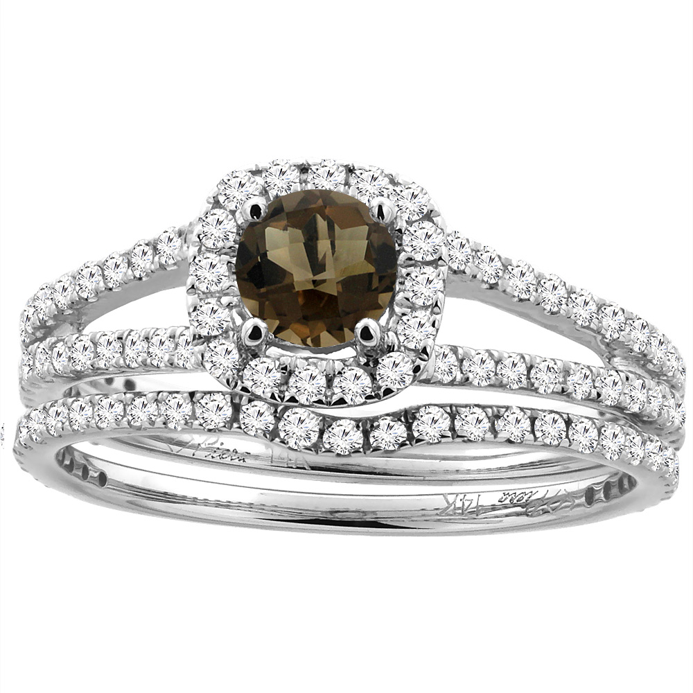 14K White Gold Diamond Halo Natural Smoky Topaz 2pc Engagement Ring Set Round 5 mm, sizes 5-10