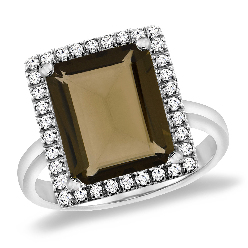 14K White Gold Natural Smoky Topaz Ring Diamond Accent 12x10 mm Octagon, sizes 5 -10