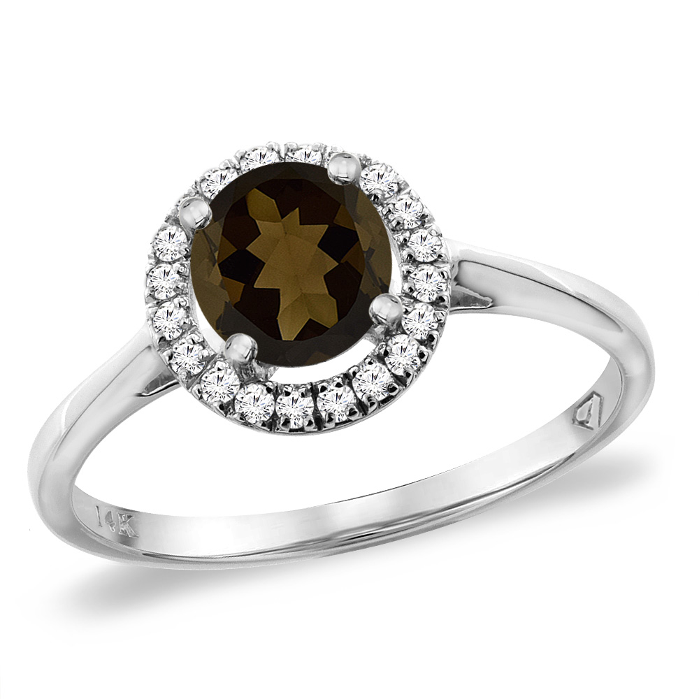 14K White Gold Diamond Halo Natural Smoky Topaz Engagement Ring Round 6 mm, sizes 5 -10