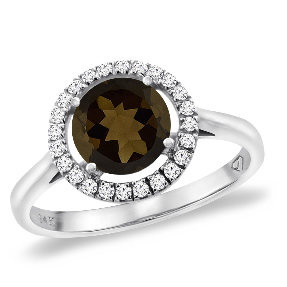 14K White Gold Natural Smoky Topaz Halo Engagement Ring Round 8 mm, sizes 5 -10