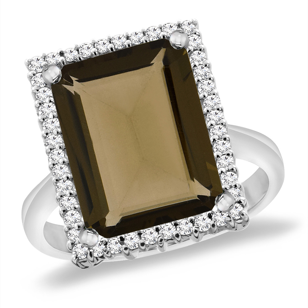 14K White Gold Natural Smoky Topaz Ring Diamond Accent 14x10 mm Octagon, sizes 5 -10