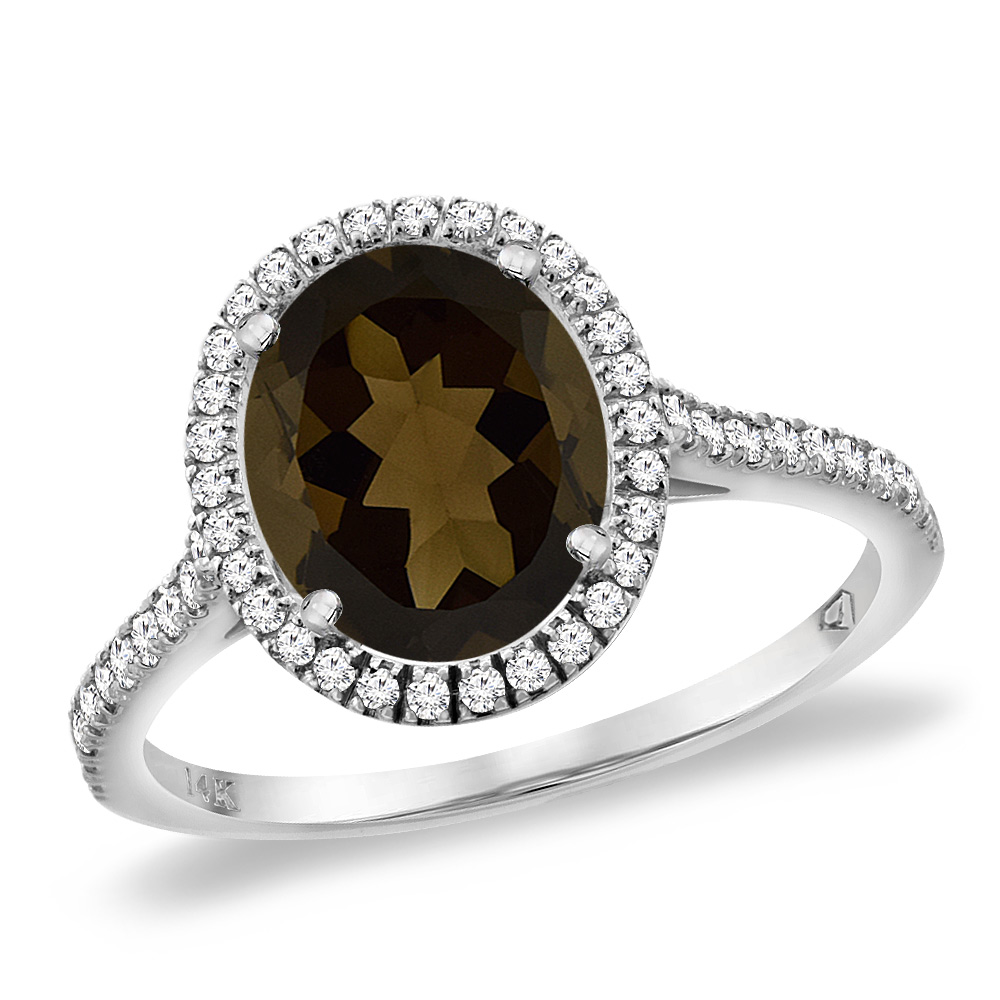 14K White Gold Natural Smoky Topaz Diamond Halo Engagement Ring 10x8 mm Oval, sizes 5 -10