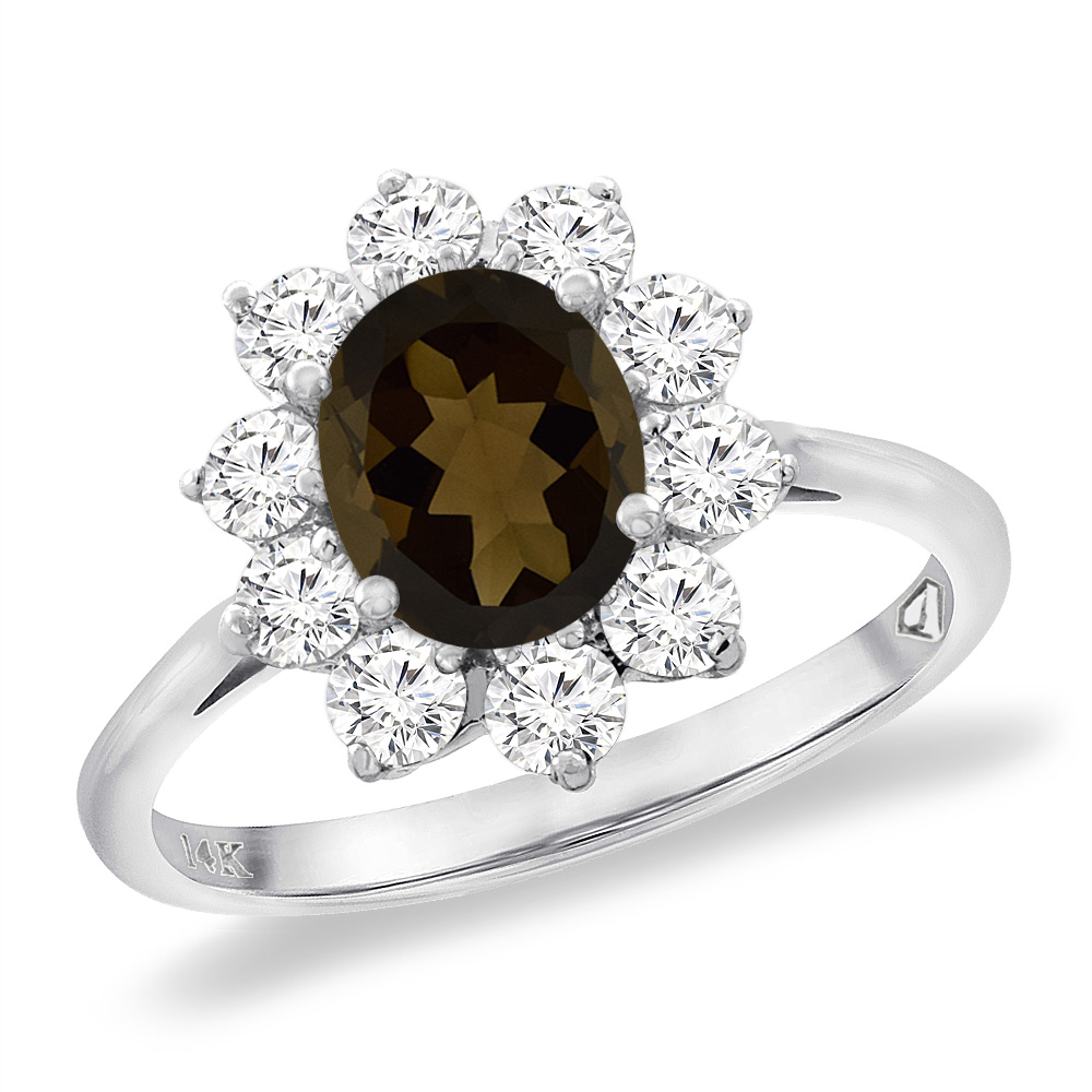 14K White Gold Diamond Natural Smoky Topaz Engagement Ring Oval 8x6 mm, sizes 5 -10