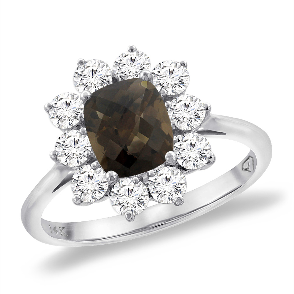 14K White Gold Diamond Natural Smoky Topaz Engagement Ring 8x6 mm Cushion, sizes 5 -10