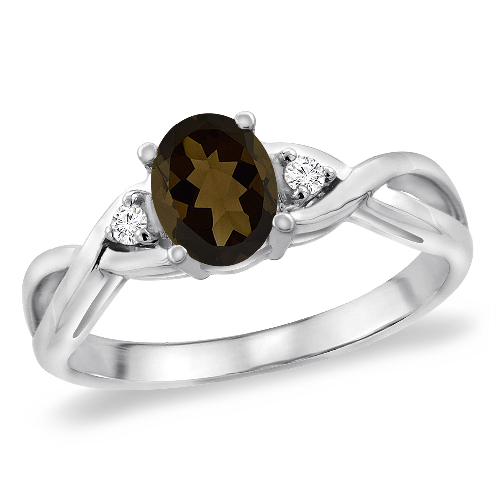 14K White Gold Diamond Natural Smoky Topaz Infinity Engagement Ring Oval 7x5 mm, sizes 5 -10