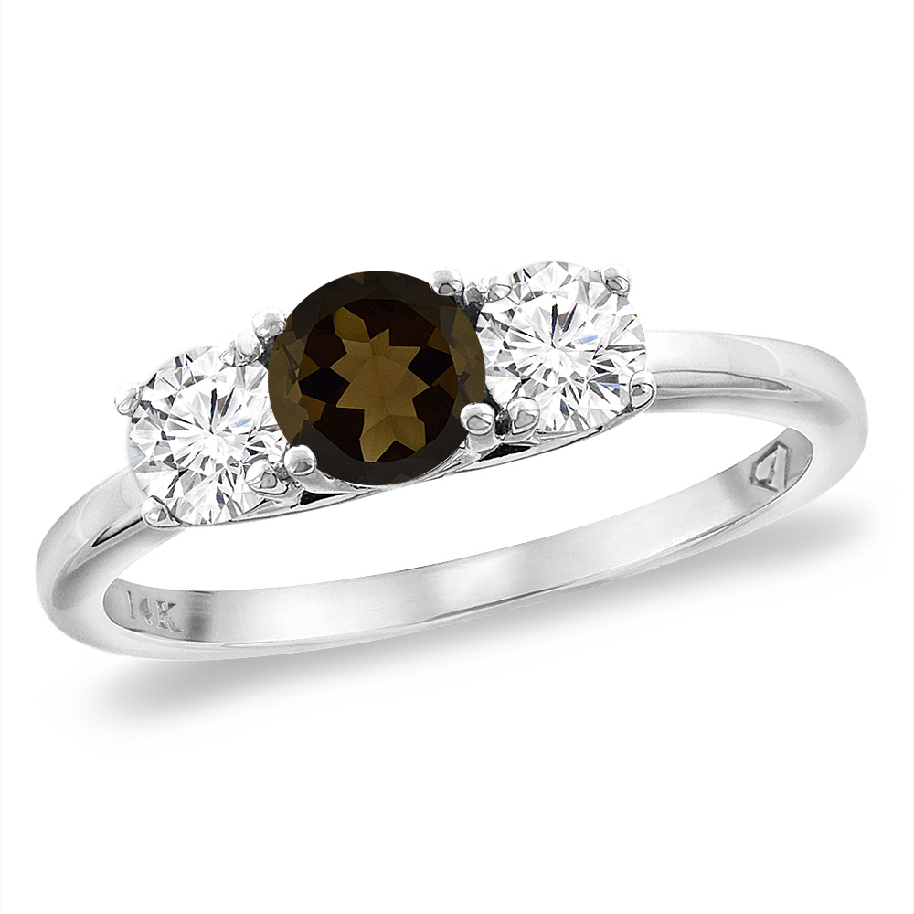 14K White Gold Diamond Natural Smoky Topaz Engagement Ring 5mm Round, sizes 5 -10