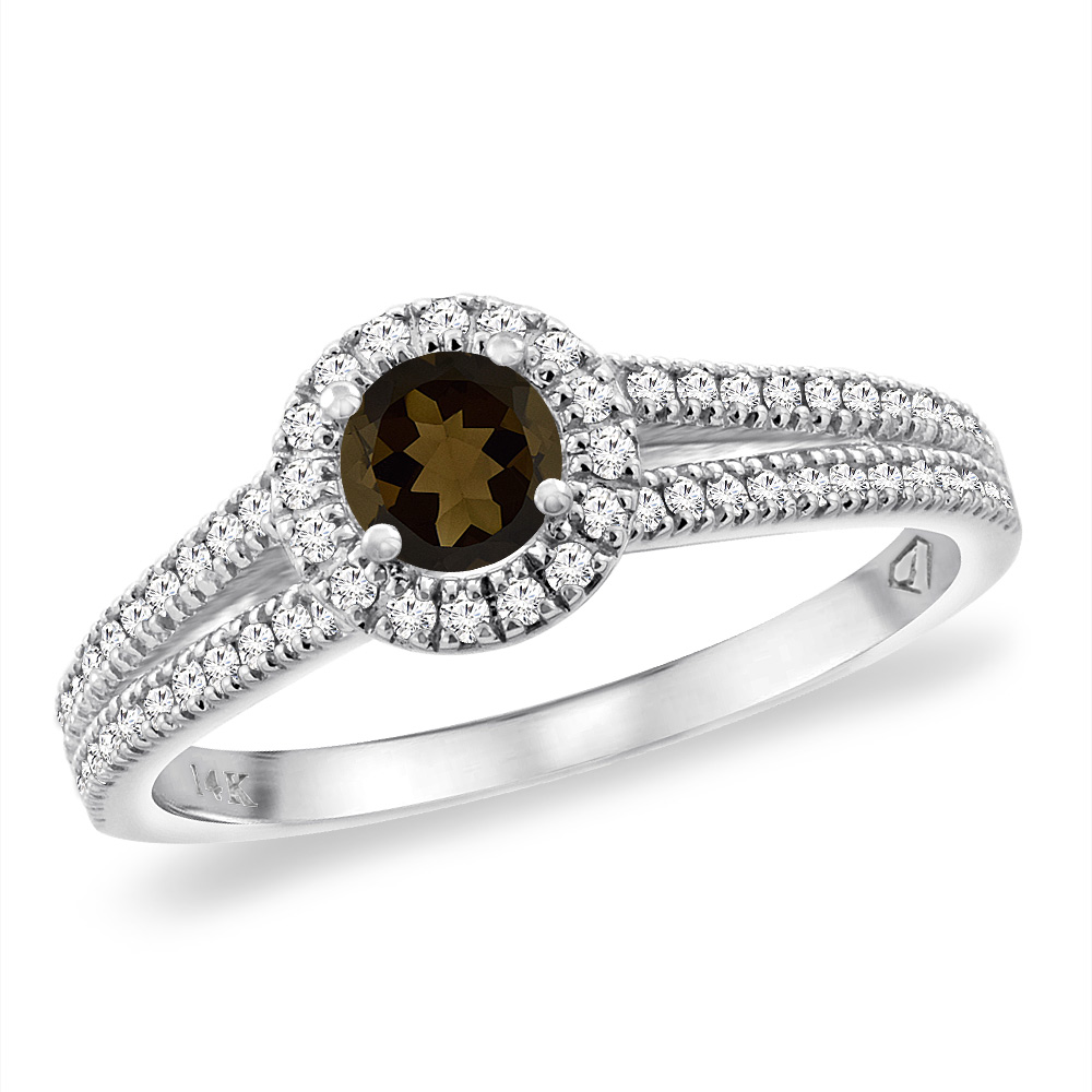 14K White Gold Natural Smoky Topaz Split Shank Diamond Halo Engagement Ring 4mm Round, sizes 5 -10
