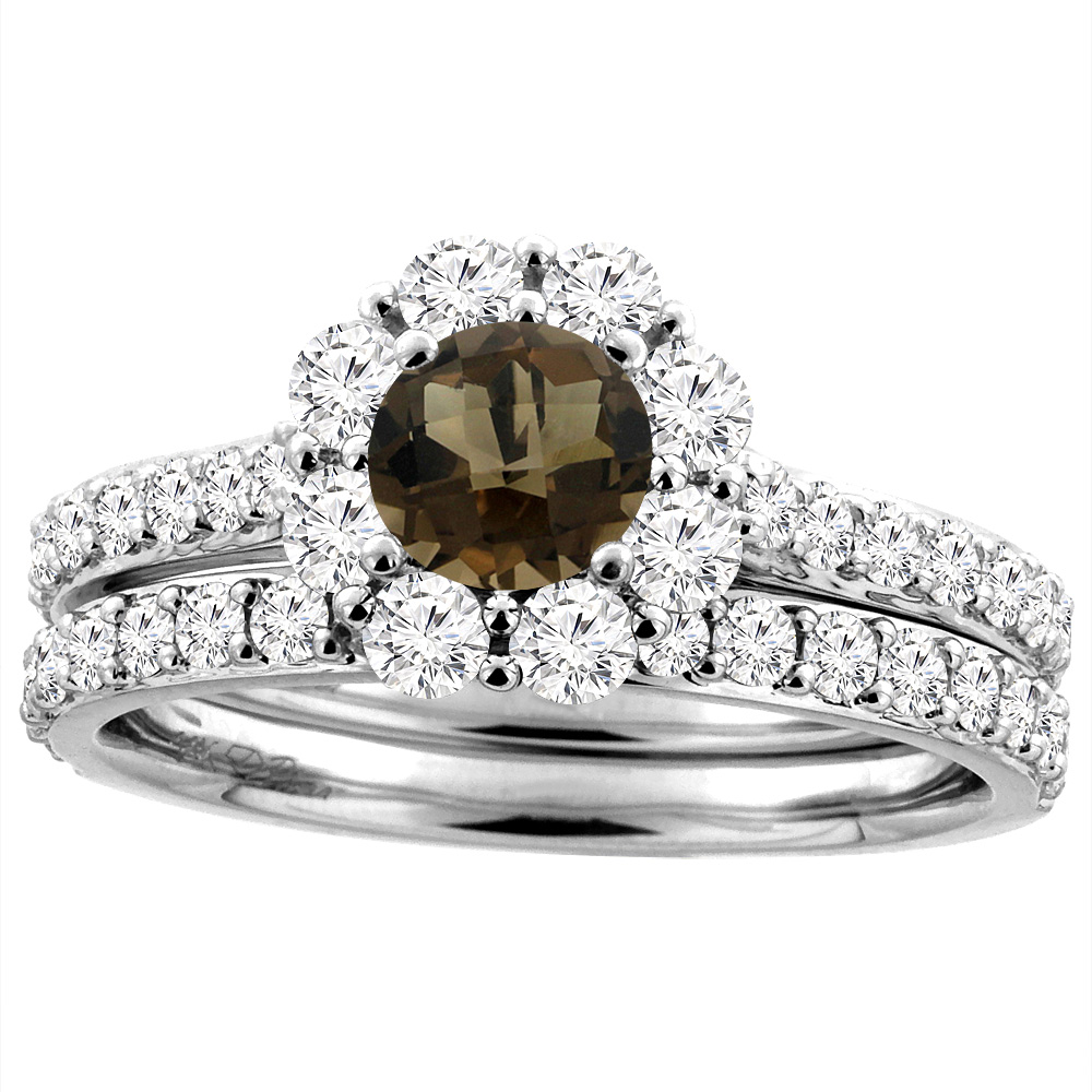14K White Gold Diamond Natural Smoky Topaz Halo Engagement Ring Set Round 5 mm, sizes 5-10