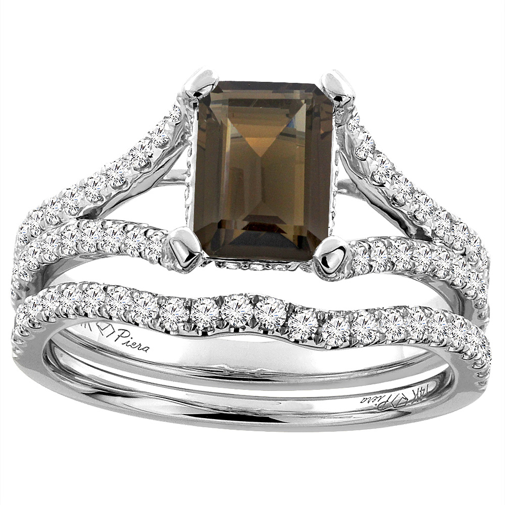 14K White Gold Natural Smoky Topaz Engagement Ring Set Emerald 8x6 mm, sizes 5-10
