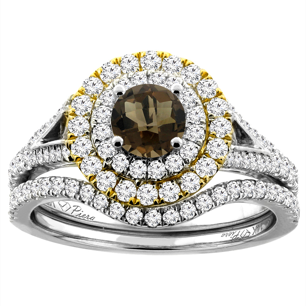 14K White Gold Diamond Natural Smoky Topaz Halo Engagement Bridal Ring Set Round 5 mm, sizes 5-10